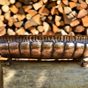 May include: A copper planter with a scalloped edge and a hammered finish. The planter is sitting on a wooden log.
