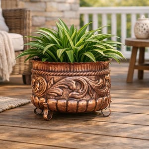 May include: A round copper-coloured metal planter featuring an embossed floral scroll pattern, a rope-style rim, and a fluted base supported by four small curved feet. The planter contains a lush green spider plant with long, pointed leaves.