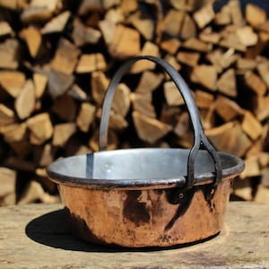 Handmade Antique Copper Pot | Tin Lined | Rustic Cookware with Iron Handle