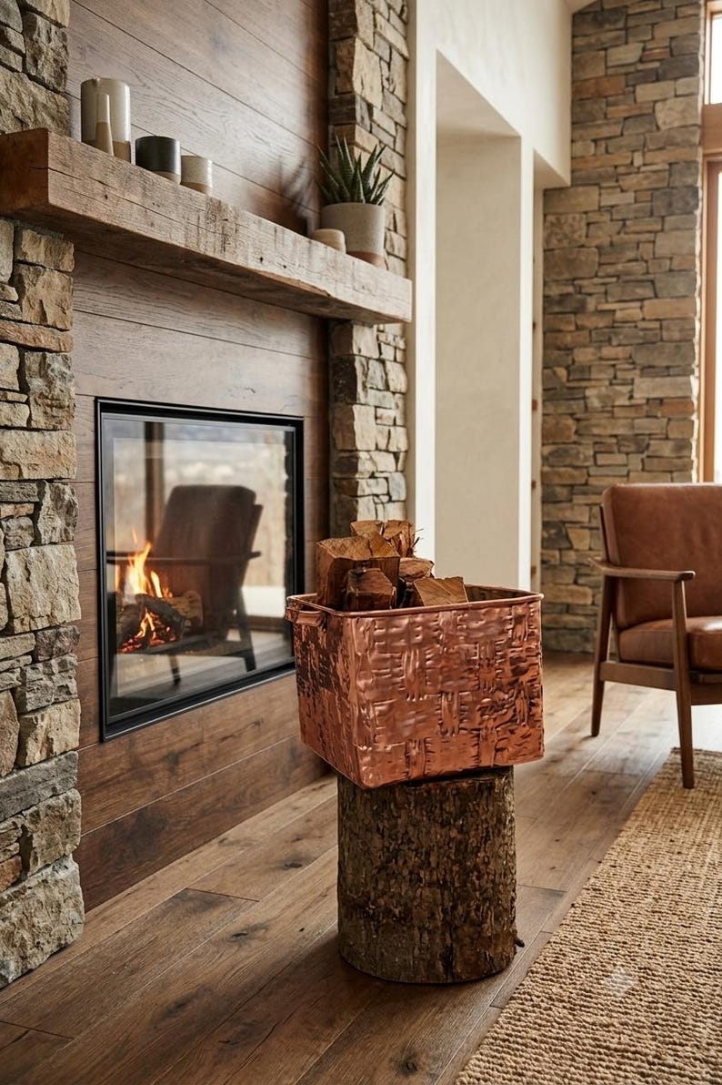May include: A square, hammered copper basket with two side handles, filled with several pieces of split firewood. The basket is resting on top of a cylindrical, rough-textured wooden log stump, positioned in front of a stone fireplace.