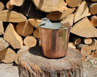 Small antique bucket container vase in handmade copper