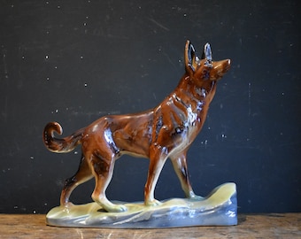 Shiny and Kitsch Ceramic German Shepherd - Belgian Pottery Alsatian Ornament by H Bequet, Quaregnon