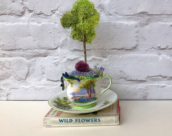 Silver Birch tree in vintage teacup. Textile art - hand & machine embroidery. Aynsley “Bluebell Time”. Unique art.