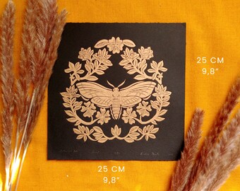 Botanical Moth linocut print on black paper, wall decoration, block print art, hand printed, linoleum print, metallic gold ink, boho style