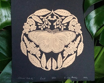 Botanical Butterfly- lino print - Gold ink on black paper
