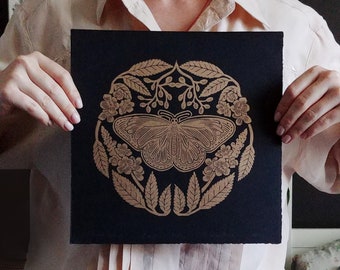 Botanical Butterfly- lino print - Gold ink on black paper