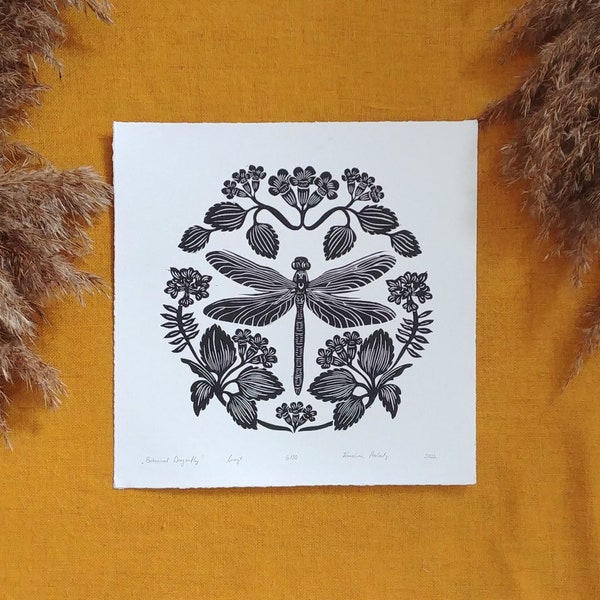 Botanical Dragonfly Linocut Artwork, Hand Printed, Original Art, Ink Wall Decoration Art, Lino Print Poster,  Handmade Wall Art,