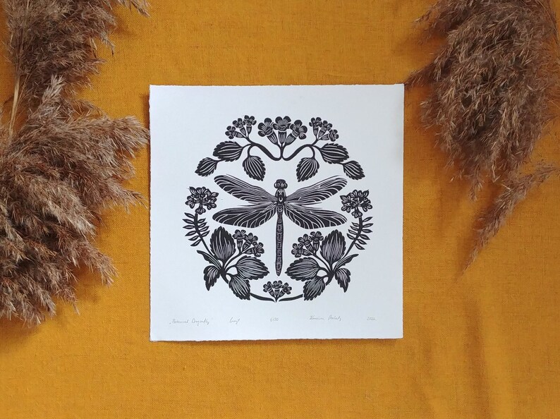 Botanical Dragonfly Linocut Artwork, Hand Printed, Original Art, Ink Wall Decoration Art, Lino Print Poster, Handmade Wall Art, zdjęcie 1