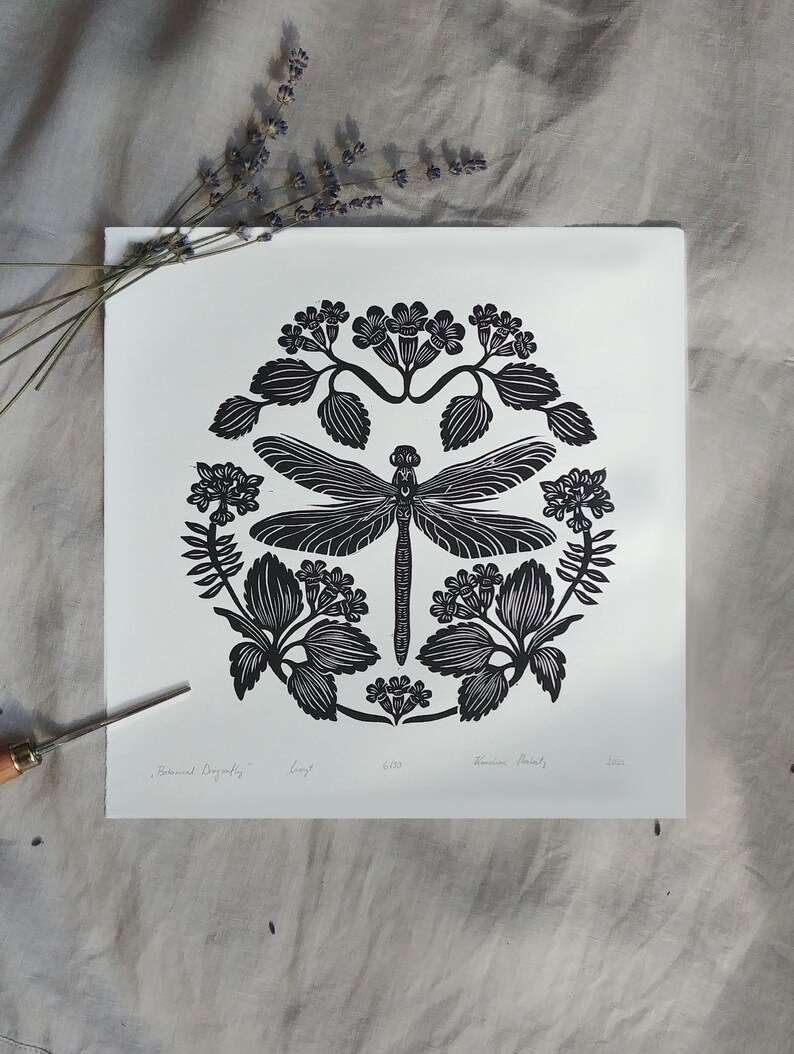 Botanical Dragonfly Linocut Artwork, Hand Printed, Original Art, Ink Wall Decoration Art, Lino Print Poster, Handmade Wall Art, zdjęcie 9