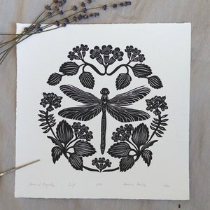 Botanical Dragonfly Linocut Artwork, Hand Printed, Original Art, Ink Wall Decoration Art, Lino Print Poster, Handmade Wall Art, zdjęcie 6