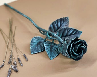 Metal Rose, Steel Rose- forged flower (Perfect art decor) (Blue)