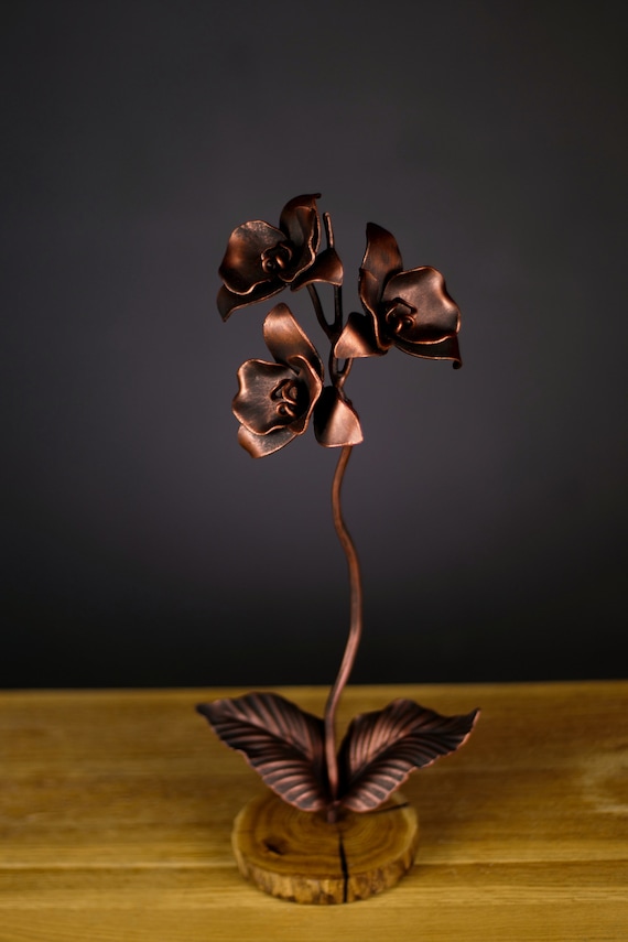 Metal Orchid on Wooden Stand/ Steel Orchid on Oak Stand