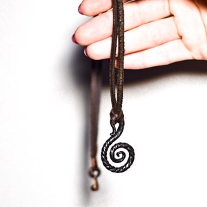 Forged Necklace, Hand Forged Spiral Pendant with Leather Cord