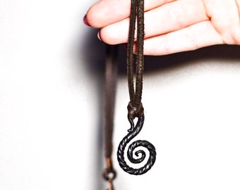 Forged Necklace, Hand Forged Spiral Pendant with Leather Cord
