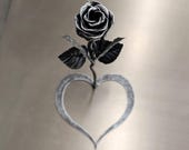 Hand-Forged Steel Rose on Heart Stand – Forever Rose Gift for Anniversary, Wedding, or Valentine&#39;s Day