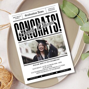 Nachrichten Graduierung Einladung, Breaking News Graduierung Einladung, High School, College, Grad Party einladen, minimalistisch, gedruckt oder digital