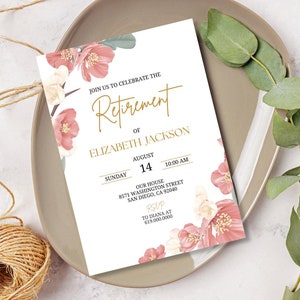 Retirement Invitation/Floral Retirement Party Invitation/Pink Flowers/Customized Printed or Digital Text Evite, Minimalist Modern, Printable