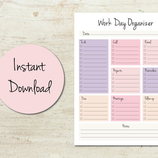 Work Day Organizer Printable, Work Planner, Printable Planner, Printable To Do List, Daily Weekly Organizer PDF, Instant Download To Do List