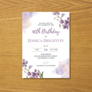Faire-part d&#39;anniversaire violet/fleurs violettes imprimables d&#39;anniversaire pour femmes filles enfants/tout âge/invitation d&#39;anniversaire floral moderne