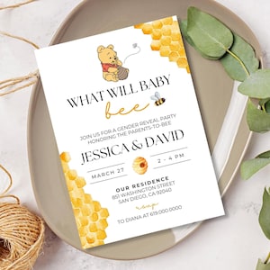 Winnie the Pooh Bee Gender Reveal Baby Shower Invitation Theme, Honey Gender Reveal, Digital or Printed, Printable, What will Baby Bee