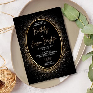 Schwarz & Gold-Geburtstags-Party Einladungen/Luxus-Gold-Geburtstags-Einladung zum Ausdrucken für Männer Frauen Erwachsene /Gold Glitter Modern Invite Luxuriös