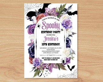 Invito di compleanno di Halloween, invito di compleanno spettrale, festa spettrale, graziosi fiori viola arancioni, festa in maschera, invito autunnale