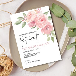 Retirement Invitation, Pink Floral Retirement Party Invitation, Pink Flowers, Customized Printed or Digital Text Evite, Modern, Printable