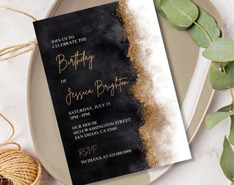 Black & Gold Birthday Party Invitations/Luxury Gold Birthday Invitation Printable For Men Women Adults /Gold Glitter Modern Invite Luxurious
