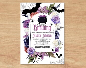May include: A Halloween-themed baby shower invitation with a purple, white, and black floral design. The invitation reads "A Baby is Brewing" and includes the name "Jessica Johnson".