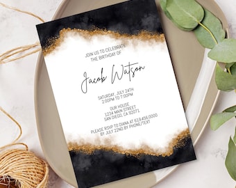 Black & Gold Birthday Party Invitations/Luxury Gold Birthday Invitation For Men Women Adults /Glitter Modern Invite  ||  PRINT OPTION  ||