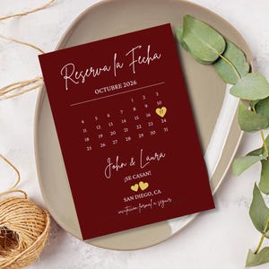 Calendrier "Retenez cette date" à imprimer bourgogne en espagnol/Carte postale "Retenez cette date" rouge/Faire-part "Reservez cette date"/Reserva La Fecha Tarjeta en Espanol