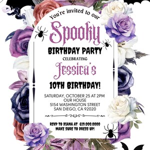May include: Purple and white floral Halloween birthday party invitation with bats, spiders, and a spiderweb. The invitation says "You're invited to our Spooky Birthday Party Celebrating Jessica's 10th Birthday!"  Saturday, October 25 at 2pm, Our House, 5154 Washington Street, San Diego, CA 92020. RSVP to Diana at 619.000.0000. Make sure to dress up!