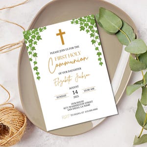 First Holy Communion Invitation/Gold Green First Holy Communion/Confirmation Invite Boys Girls/Religious Christian/Printed or Digital