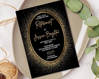 Retirement Invitation for Men Women/Luxury Black & Gold Retirement Invitations/Modern Elegant Confetti Gold/Printed or Digital
