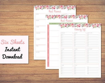 Floral Meal Planner & Grocery List Printable, Menu Planner Printable, Shopping List Printable, Weekly Meal Plan Printable, INSTANT DOWNLOAD