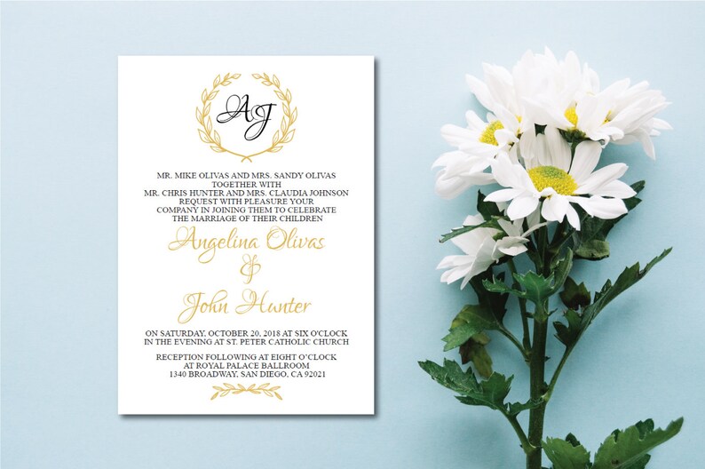 Gold Wreath Wedding Invitation PrintableGolden Vintage Wedding Invitation TemplateRSVPThank YouDetailsSpanish Option Available