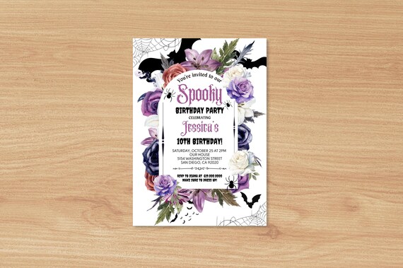 Halloween Birthday Invitation, Spooky Birthday Invite, Spooktacular Party, Cute Floral Purple Orange Flowers, Costume Party, Fall Invitation