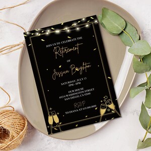 Retirement Invitation for Men Women/Gold & Black Retirement Invitation/Classic Modern Elegant Cheers Champagne Drinks/Printed or Digital