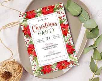 Christmas Party Invitation, Christmas Invite, Holiday Party, Printable Christmas Floral Poinsettias, Office, New Year, Digital Evite Text