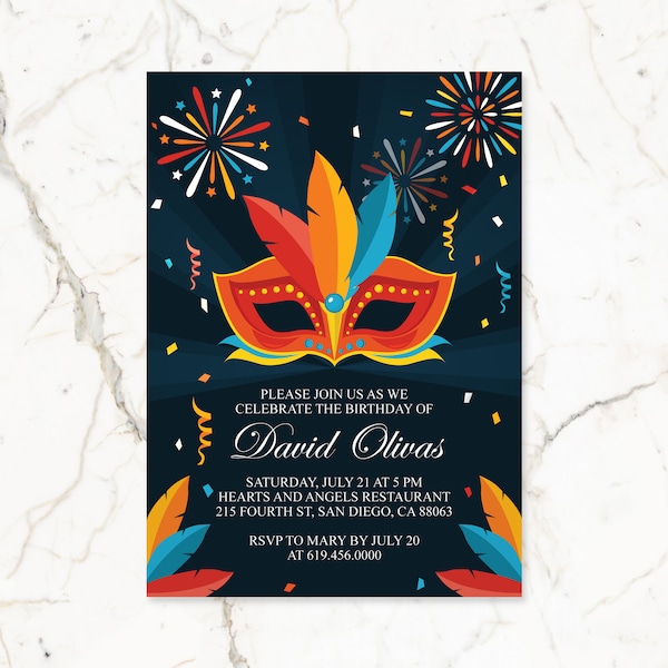 Invitation d’anniversaire de mascarade/Invitation d’anniversaire de masque bleu et orange imprimable/Option espagnole/Invitation d’anniversaire de carnaval/Thème de Rio