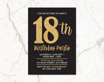 Black & Gold Birthday Invitation for Girls Women Men Adults/Gold and Black Birthday Party Invitation/Gold Glitter/Printable/ANY AGE