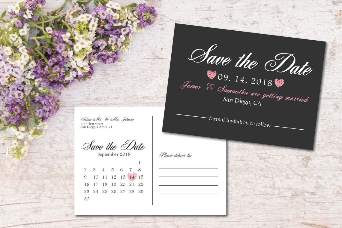 Rose Pink &amp; Black Printable Save the Date Postcard/wedding | Etsy