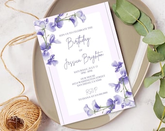 Floral Birthday Invitation/Purple Flowers Birthday Party Invite/Customized