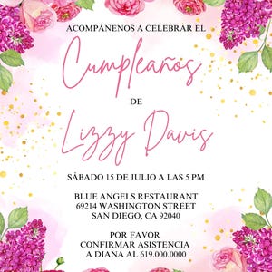 Cumpleaños Tarjetas Invitacion/floral Birthday Invitation Spanish/pink