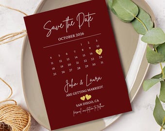 Burgundy & Gold Save the Date Calendar/Maroon Save the Date Printable/Modern Save the Date Announcement/Red Save the Date Cards/ANY COLOR