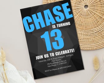 Birthday Party Invitation for Boys Teens Kids Girl/Blue & Black Birthday Invitation/ANY AGE and COLOR/Printed or Digital evite/Minimalist