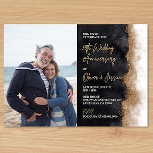 Wedding Anniversary Invitation with Photo/Luxury Black and Gold Wedding Anniversary Party Invite/Modern Elegant Classy/Printed or Digital