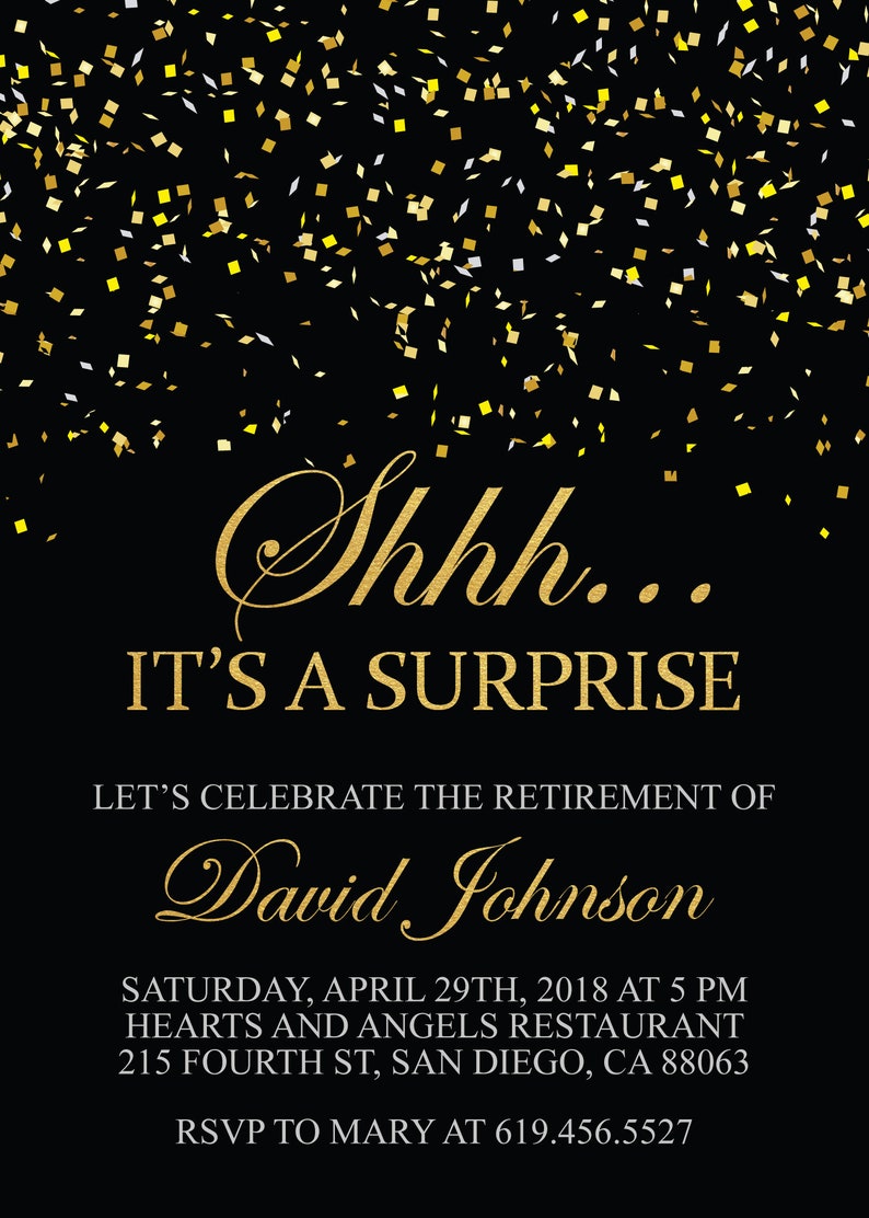 Shhh it s a surprise retirement invitation printable black etsy