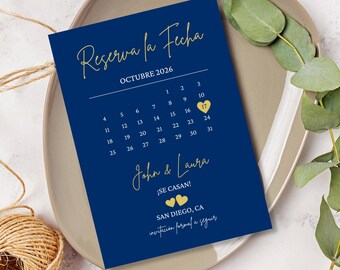 Spanish Save the Date Card/Blue & Gold Save the Date/Save the Date Announcement/Gold Reserva La Fecha Tarjeta Espanol/Printable or Digital