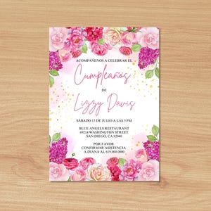 Cumpleaños Tarjetas Invitacion/floral Birthday Invitation Spanish/pink
